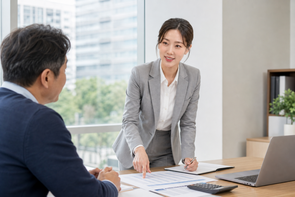 회색 정장을 입은 채용 자문가가 사무실 책상에서 비용 명세서를 짚으며 중소기업 대표에게 설명하는 모습