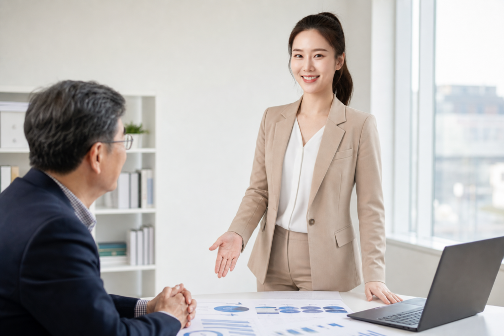 베이지 재킷을 입은 컨설턴트가 영업 프로세스 차트를 짚으며 한국 중소기업 대표에게 설명하는 사진