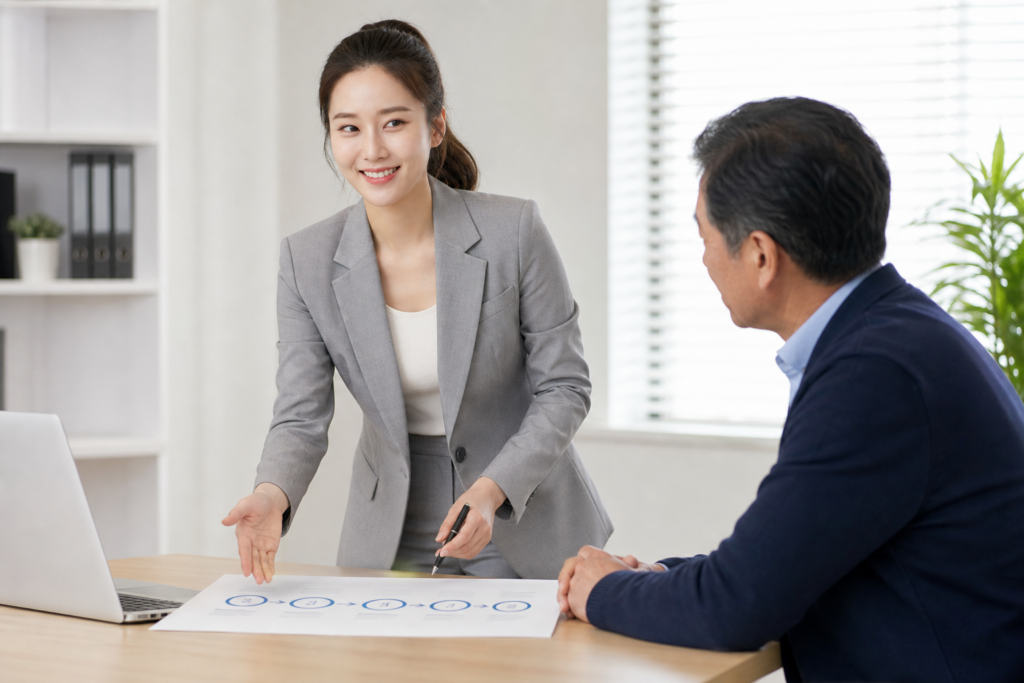 인사 담당 어드바이저가 단계별 차트를 짚으며 중소기업 대표에게 채용 전 확인 순서를 설명하는 사무실 모습