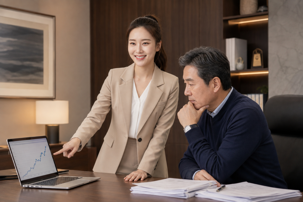 아랍어 문서가 쌓인 책상 옆에서 컨설턴트가 노트북 속 문의 증가 그래프를 짚으며 대표에게 채용 전 시장 반응 확인 결과를 설명하는 모습